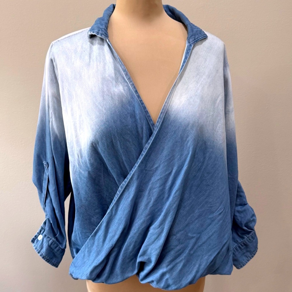 Chambray Wrap Front Blouse Ombre Blue Tencel Lyocell Top Boho Chic Medium